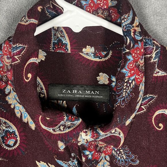 Zara Shirt Men's Large Burgundy Paisley Classic Long Sleeve Collared Button-Up - Picture 2 of 5